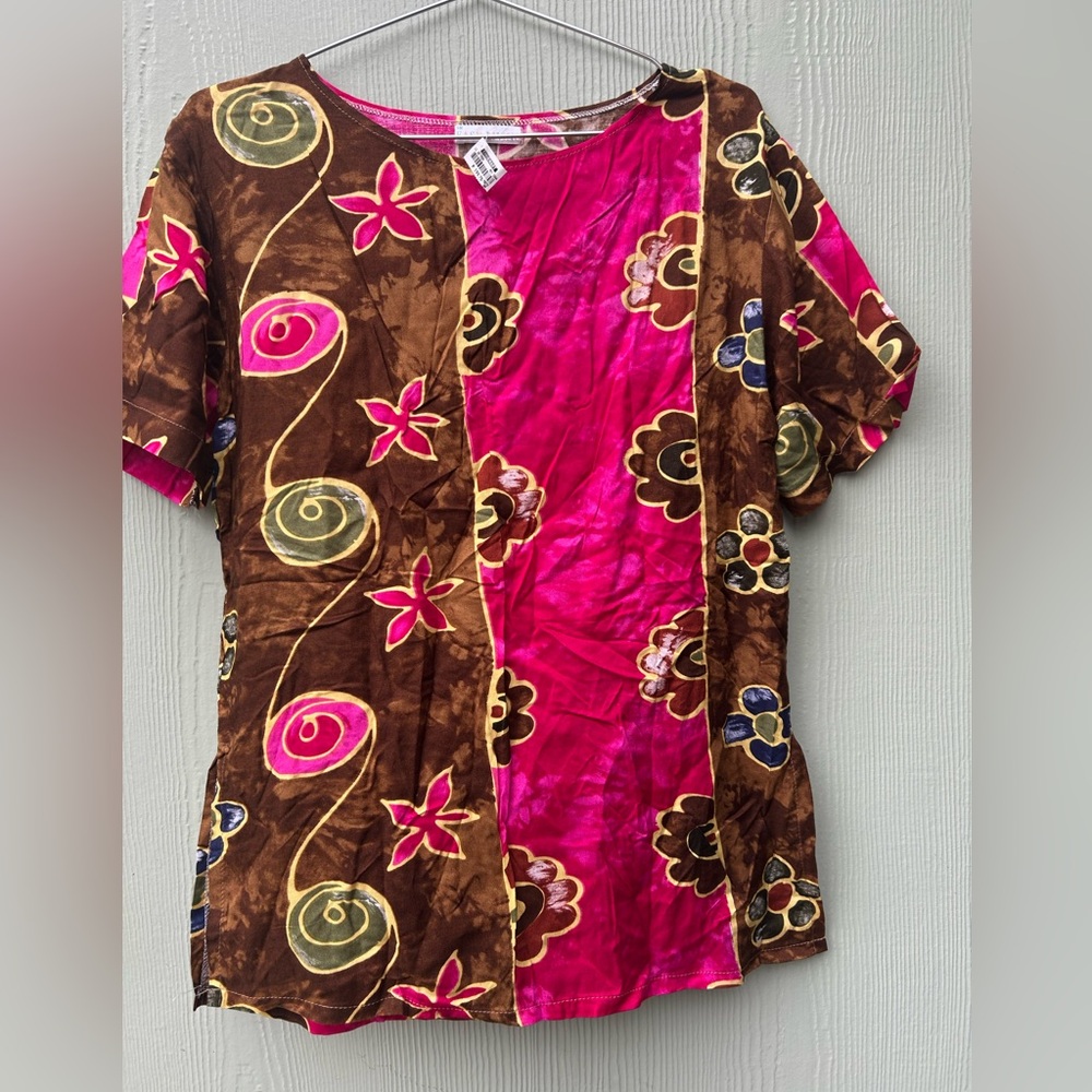 Pink and Brown Graphic Short Sleeve Blouse